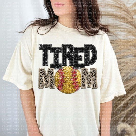 Tired Mom Softball Faux Embroidery Sequin Leopard -DTF