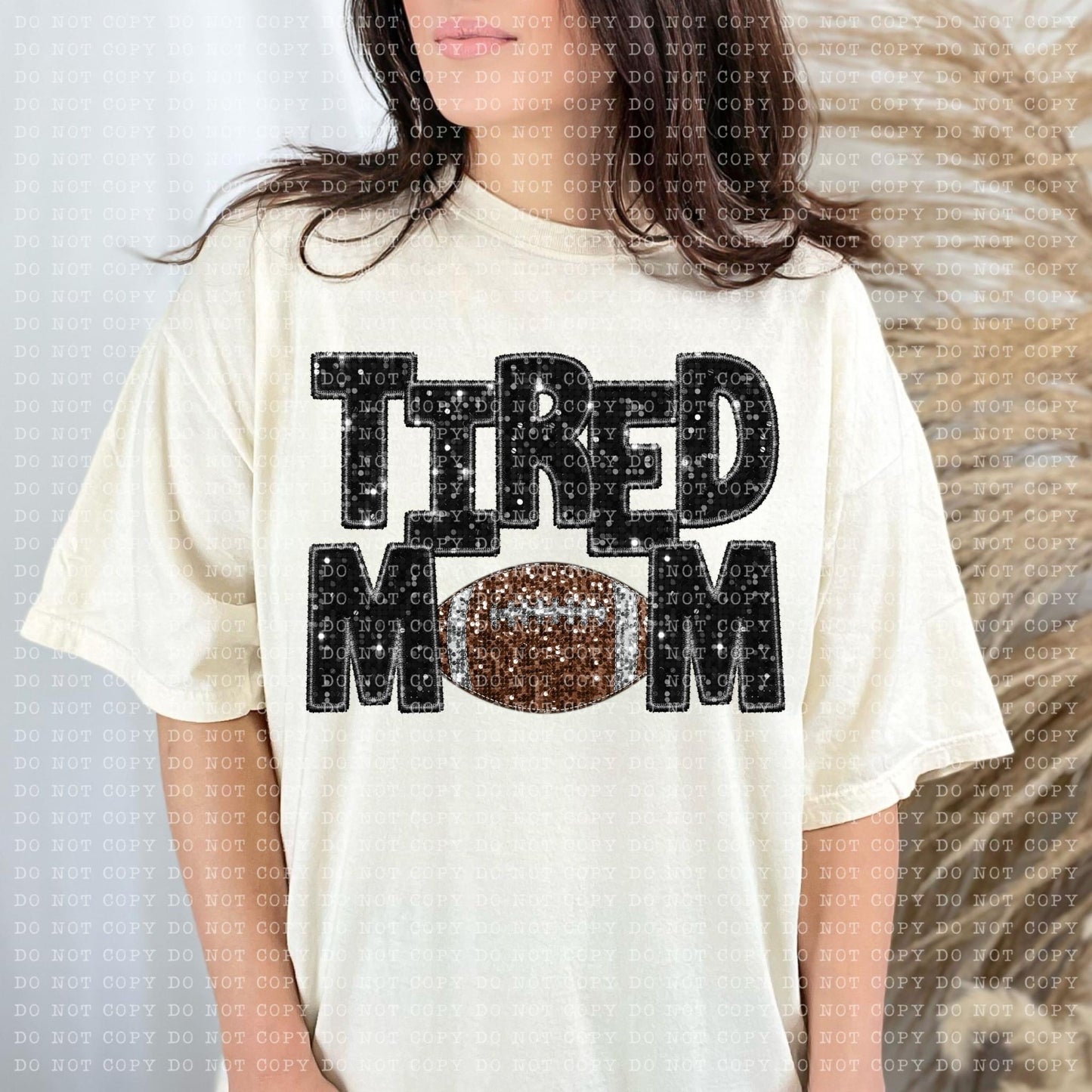 Tired Mom Football Faux Embroidery Sequin Blk -DTF