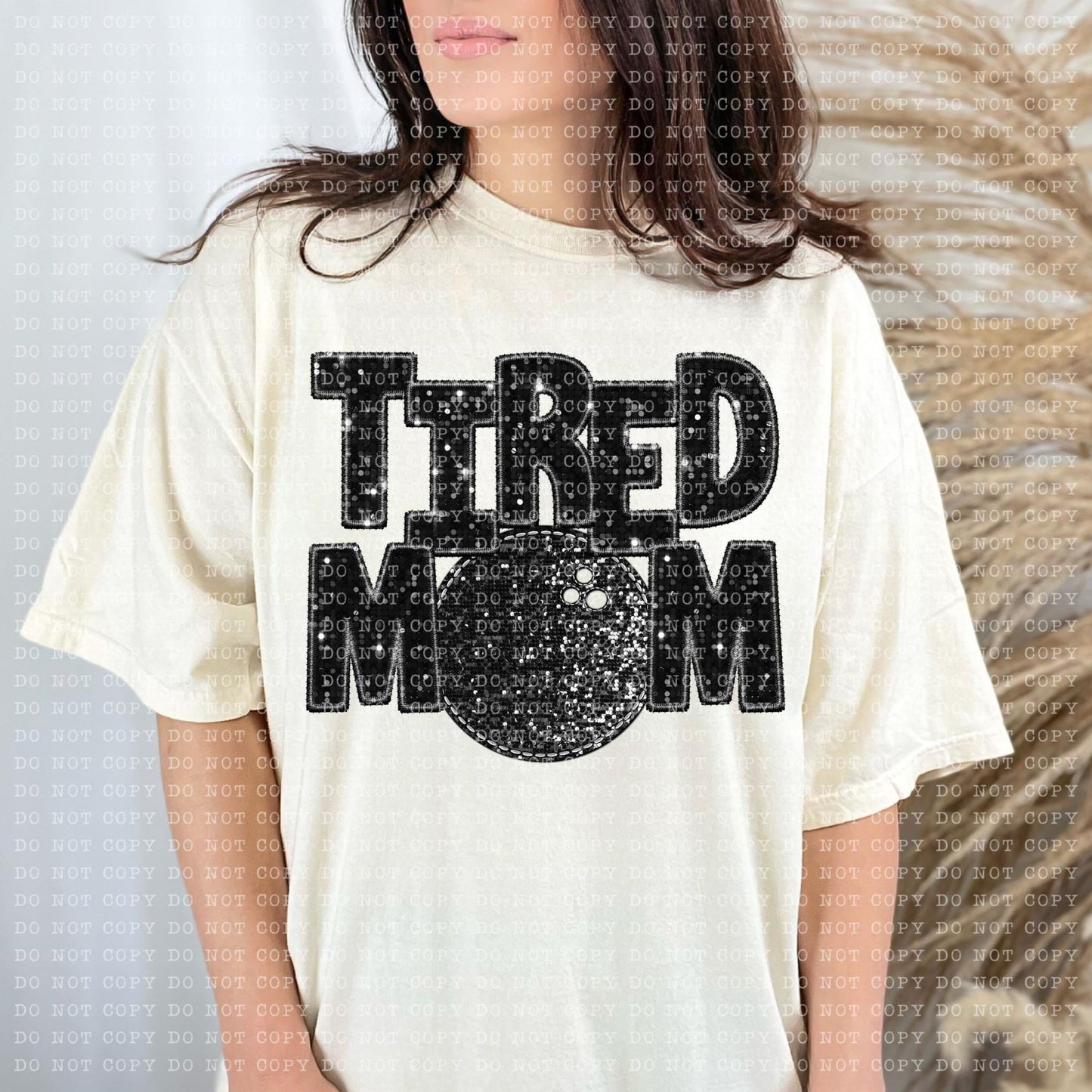 Tired Mom Bowling Faux Embroidery Sequin Blk -DTF