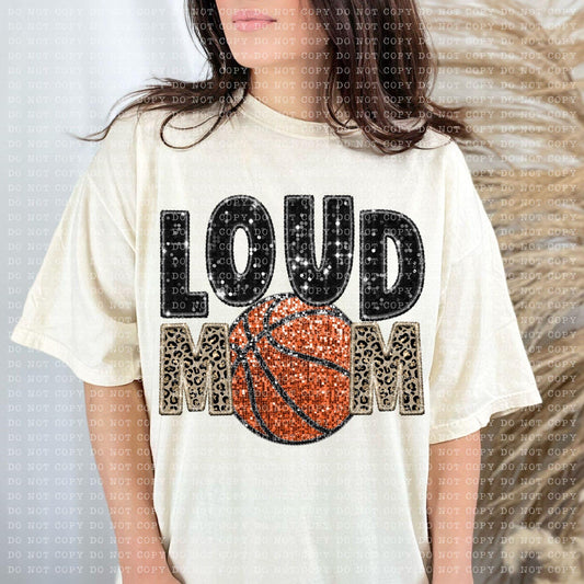 Loud Basketball Mom Faux Embroidery Sequin Leopard -DTF