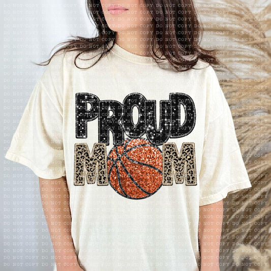 Proud Basketball Mom Faux Embroidery Sequin Leopard -DTF