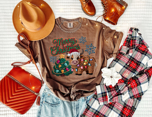 Merry Christmas Highland Cow lights faux yarn-DTF&UV