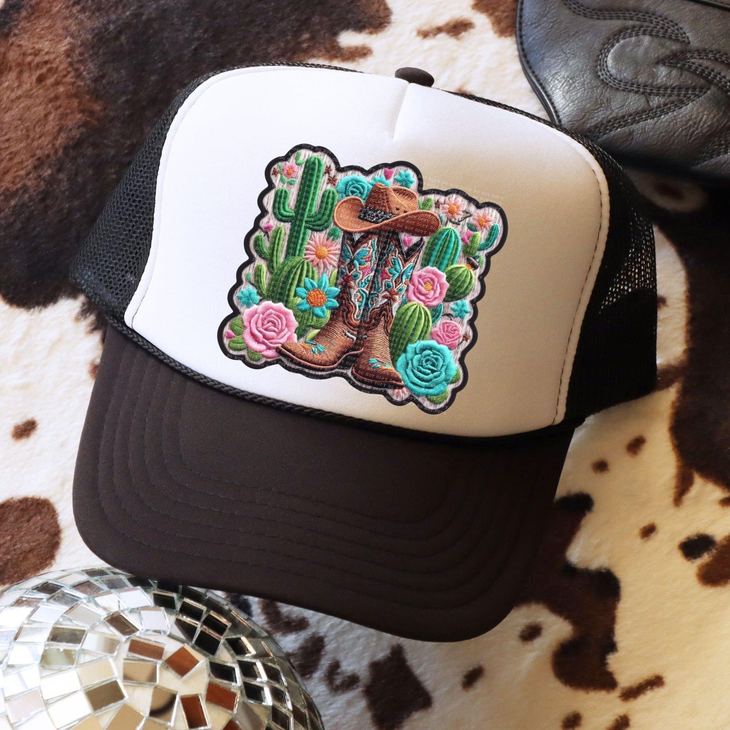 Cowgirl Boots, Cactus And Floral Faux Hat Patch - DTF