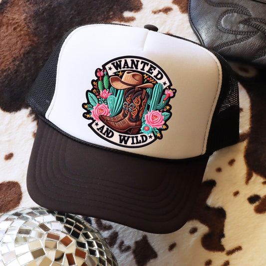 Wanted And Wild Cowgirl Boots & Cactus Faux Hat Patch - DTF