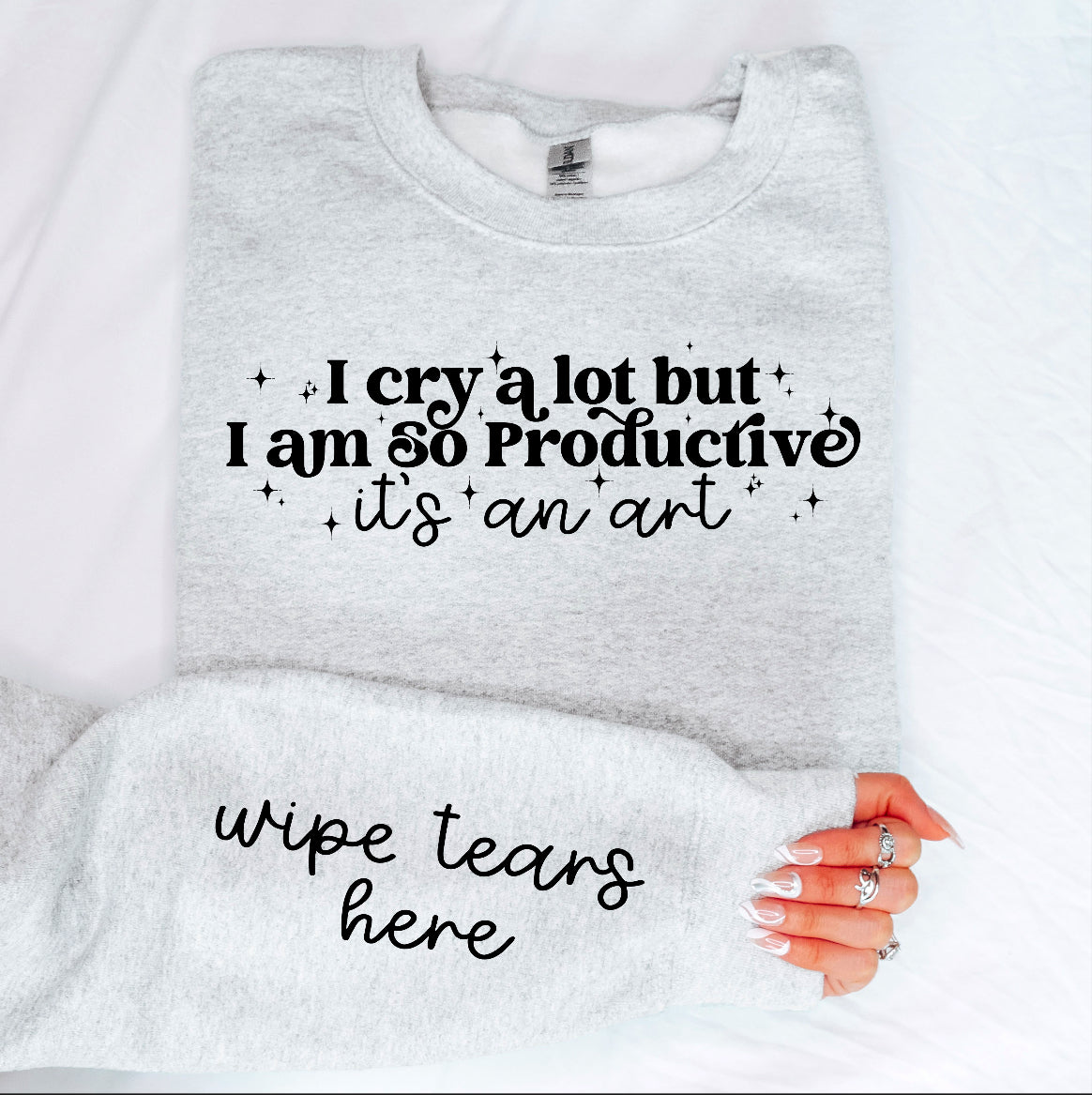 I cry a lot blk (FRONT OF SHIRT & 1-SLEEVE COMBO)-DTF