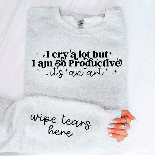 I cry a lot blk (FRONT OF SHIRT & 1-SLEEVE COMBO)-DTF