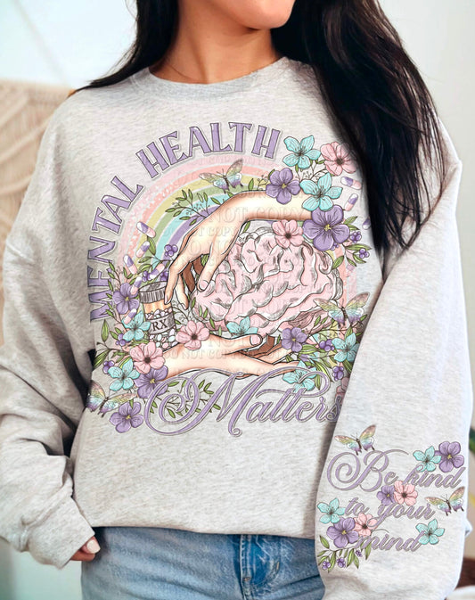 Mental Health Matters Be Kind To Your Mind Purple Floral (FRONT OF SHIRT & SLEEVE COMBO)-DTF