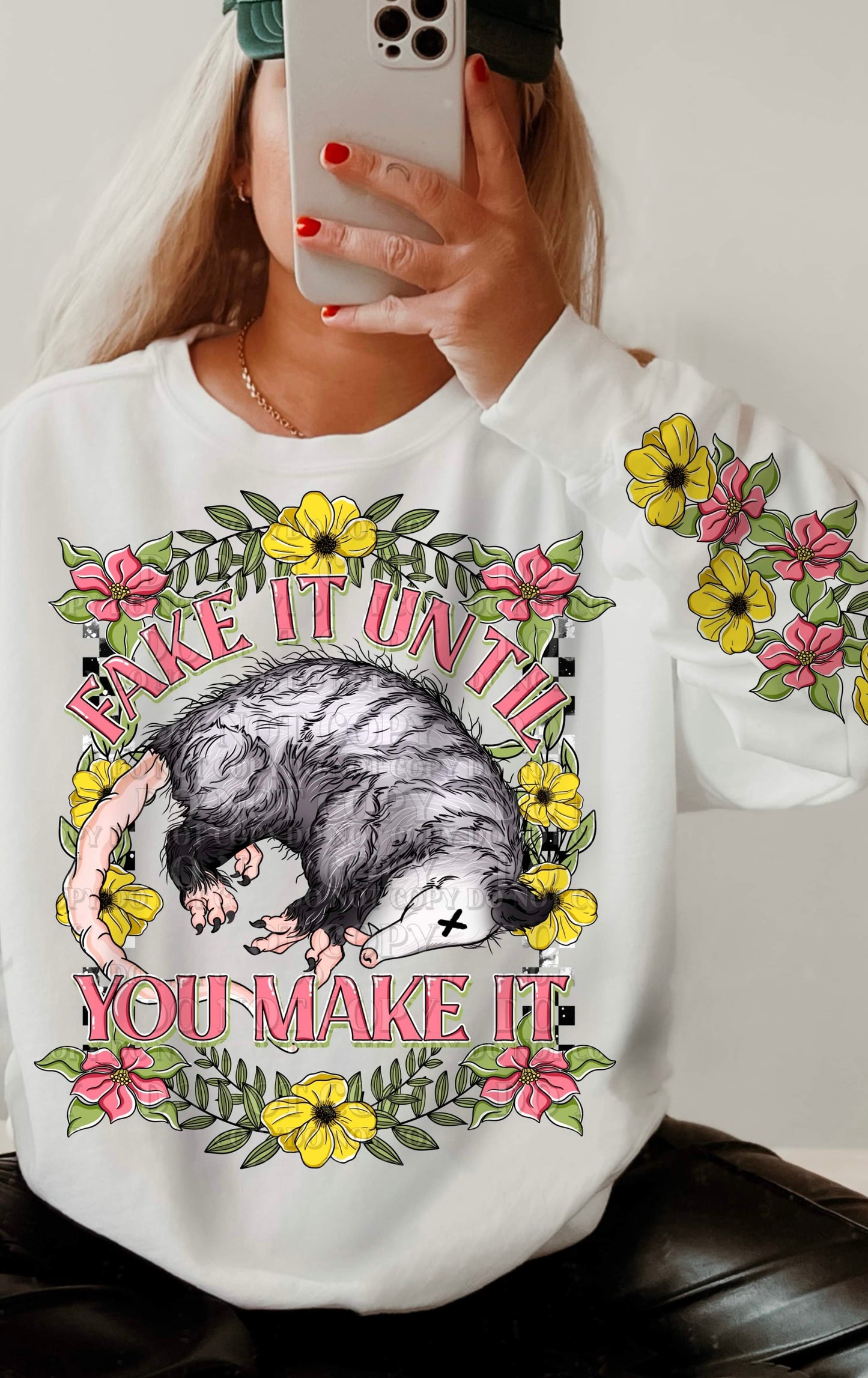 Fake It Until You Make It Skunk Floral (FRONT OF SHIRT & SLEEVE COMBO)-DTF