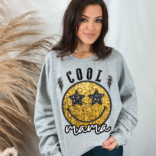 Cool Mama Faux Glitter Happy Face - DTF