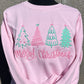Pink Merry Christmas Trees Embroidered Sweatshirt