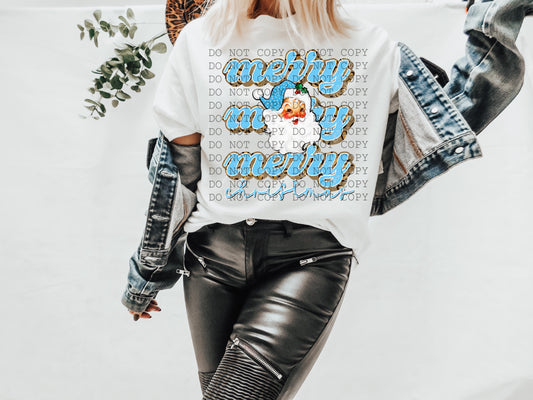 Merry Christmas Stacked Blue Santa Distressed -DTF
