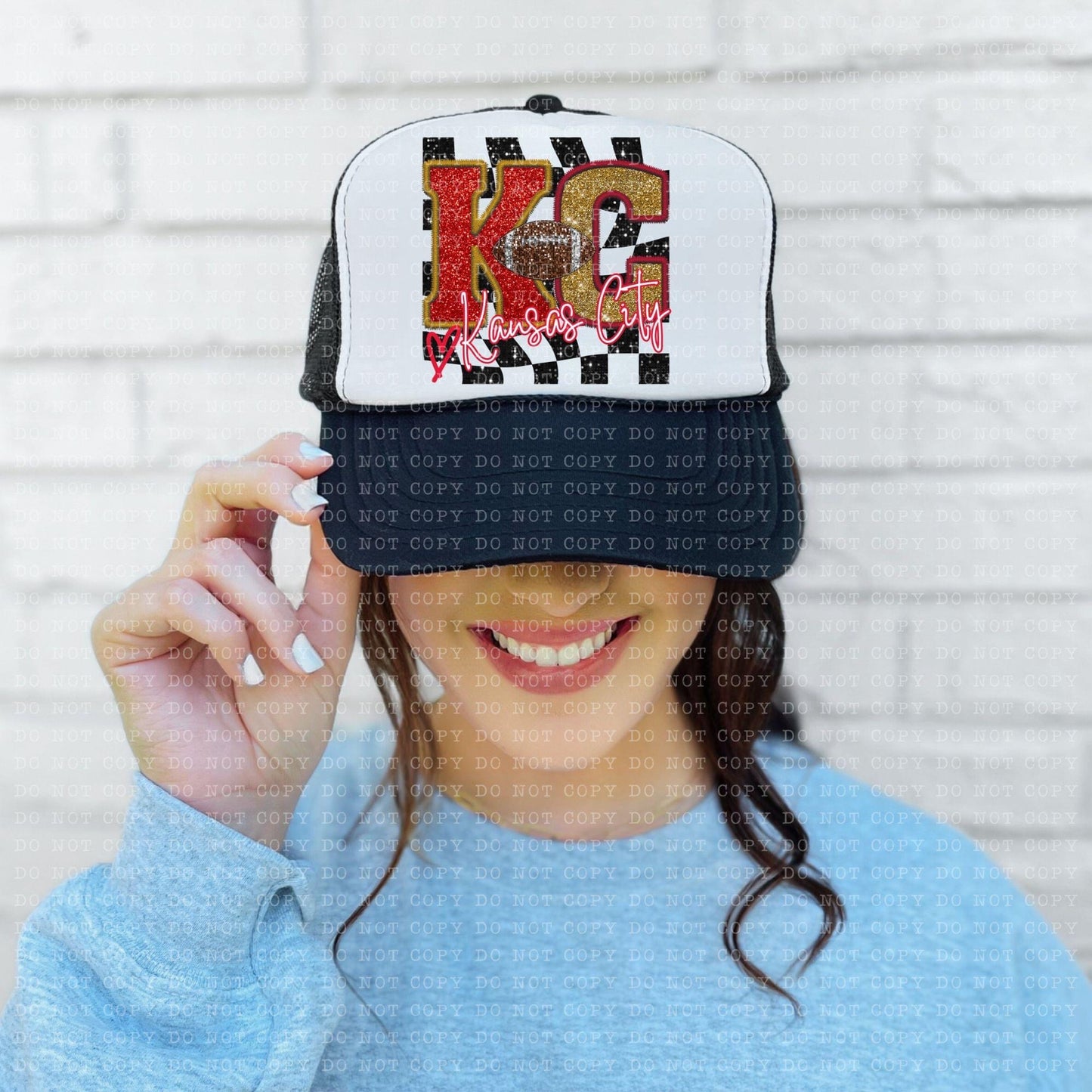 Kansas City Faux Embroidery Sequin With Heart Checkered Hat - DTF