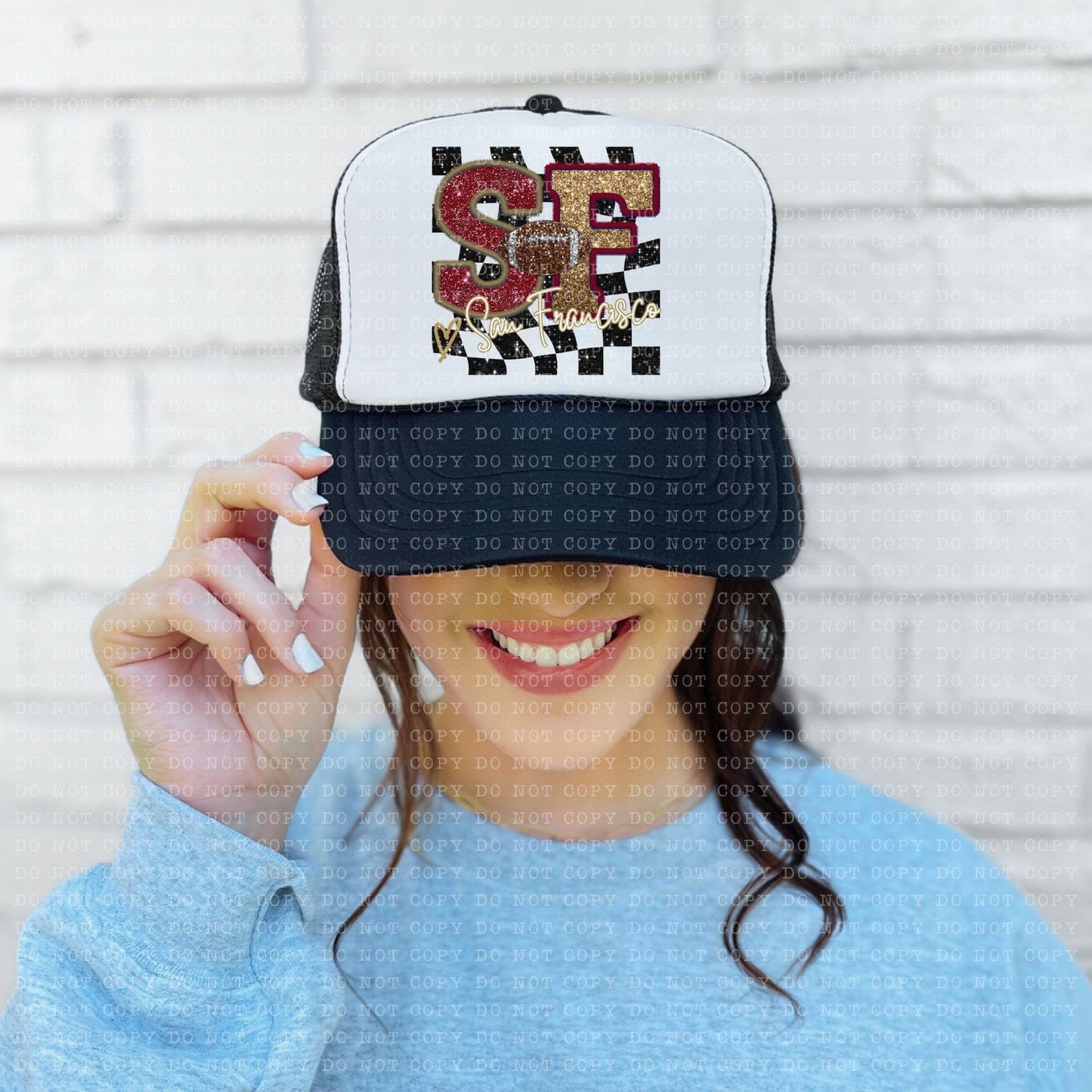San Francisco Faux Embroidery Sequin With Heart Checkered Hat - DTF