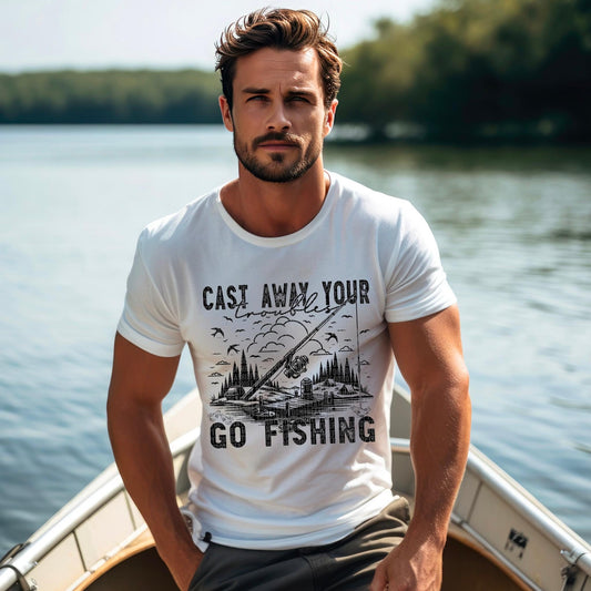 Cast Away Your Troubles Go Fishing Blk - DTF