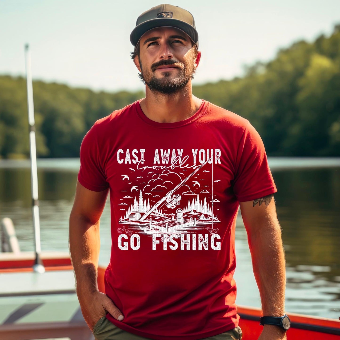 Cast Away Your Troubles Go Fishing WHT - DTF