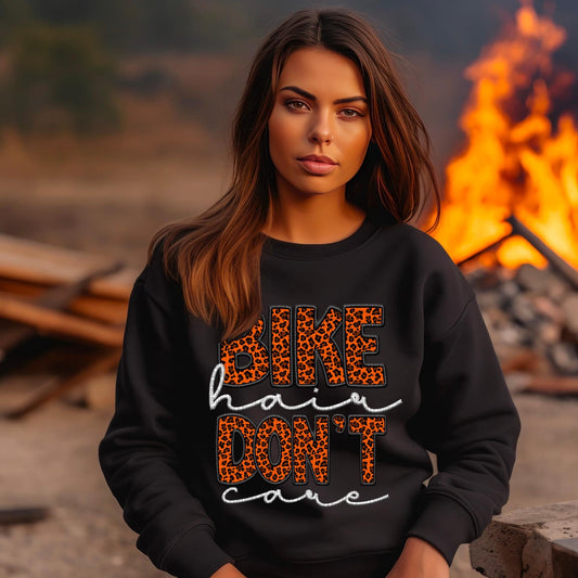 Bike Hair Don’t Care Orange Leopard Faux Embroidery - DTF