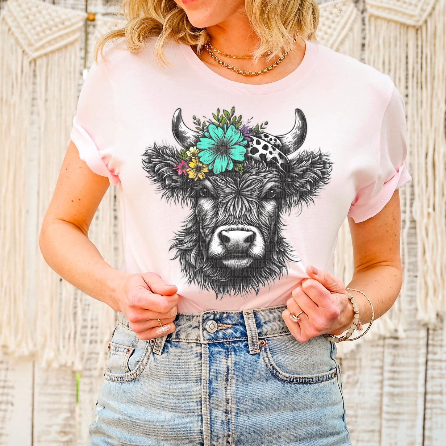 Cow With Floral Headband - DTF