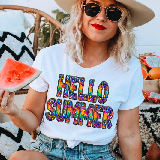 Hello Summer Faux Embroidery Rainbow Galaxy - DTF