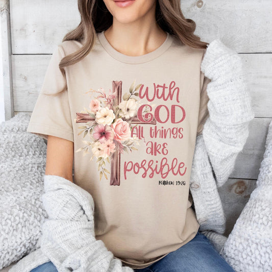 With God All Things Are Possible Pink Floral Cross - DTF