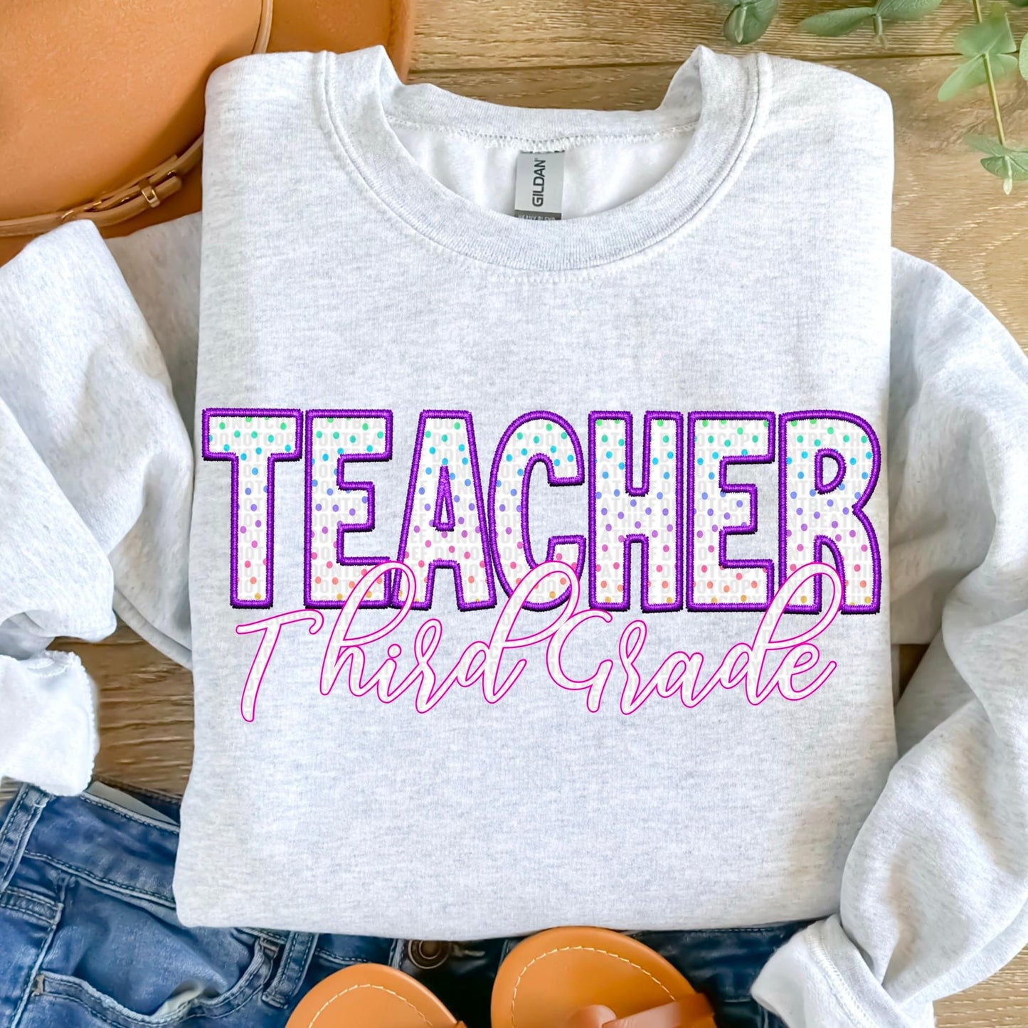 Teacher Third Grade Polka Dot Faux Embroidery - DTF