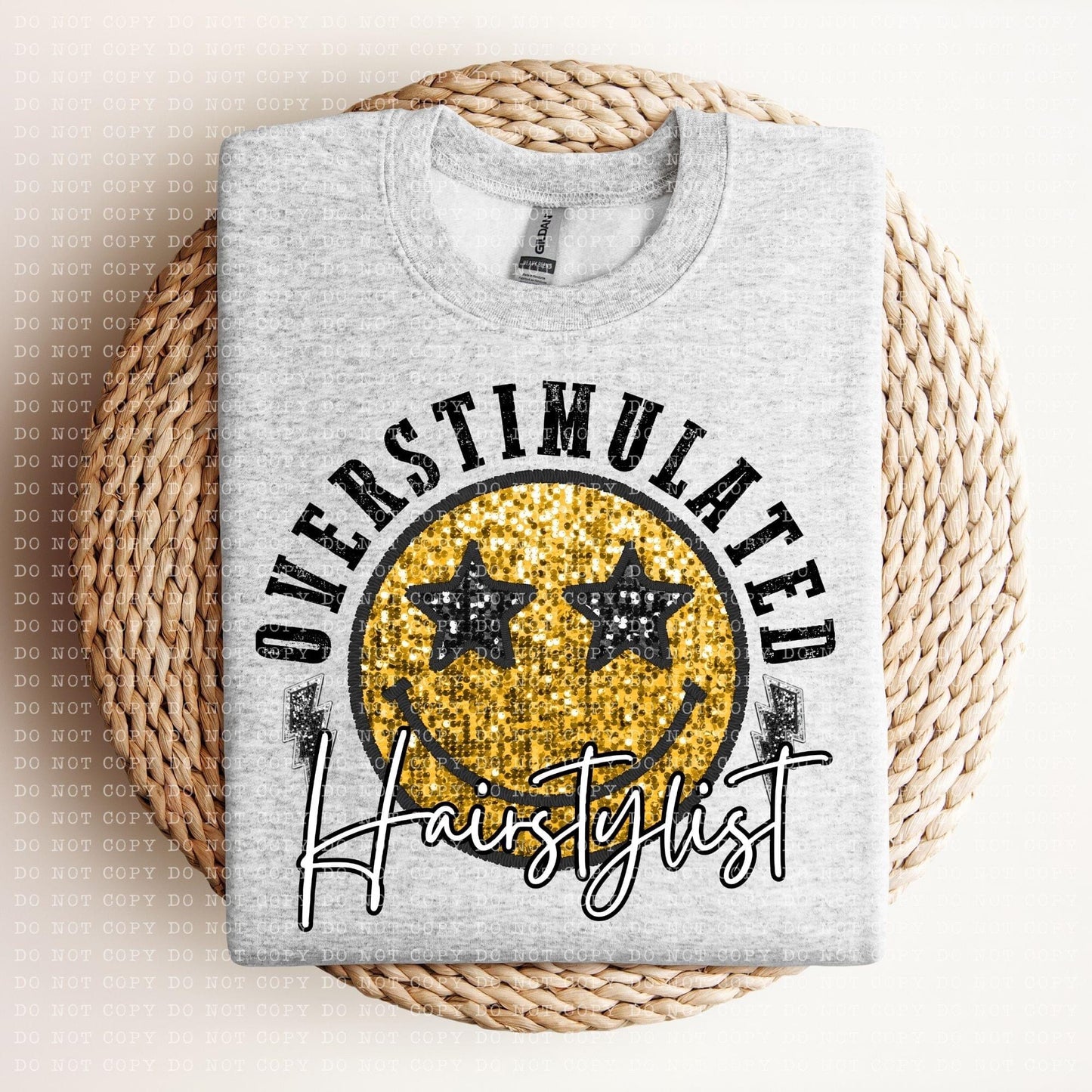 Overstimulated Hairstylist Faux Glitter Happy Face - DTF