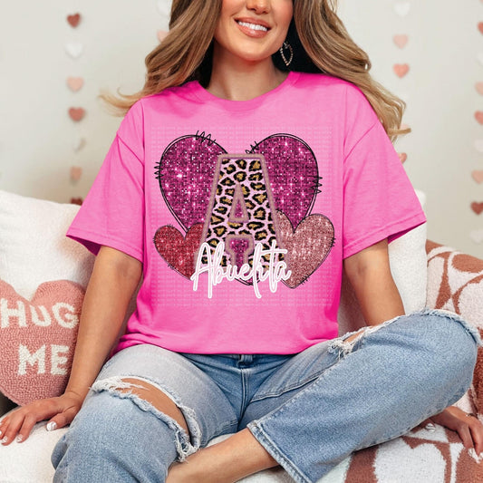 Pink Leopard Titles Faux Embroidery Hearts (DROPDOWN) DTF