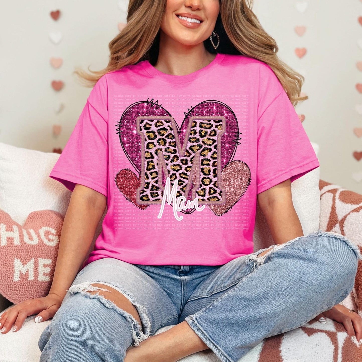 Pink Leopard Titles Faux Embroidery Hearts (DROPDOWN) DTF