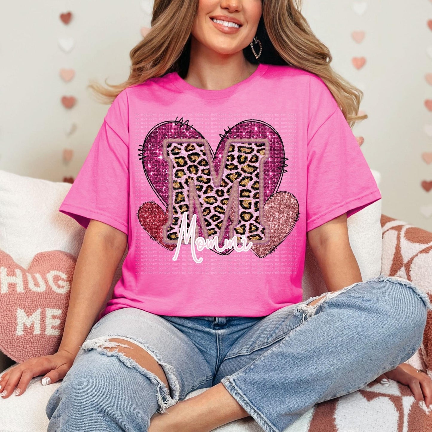 Pink Leopard Titles Faux Embroidery Hearts (DROPDOWN) DTF