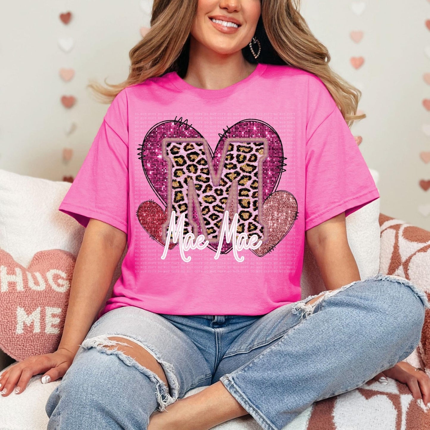 Pink Leopard Titles Faux Embroidery Hearts (DROPDOWN) DTF