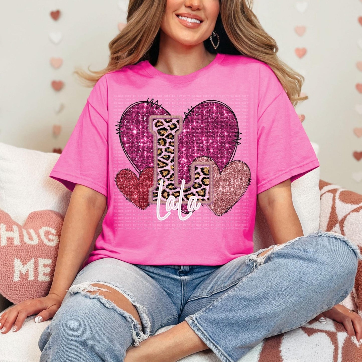 Pink Leopard Titles Faux Embroidery Hearts (DROPDOWN) DTF