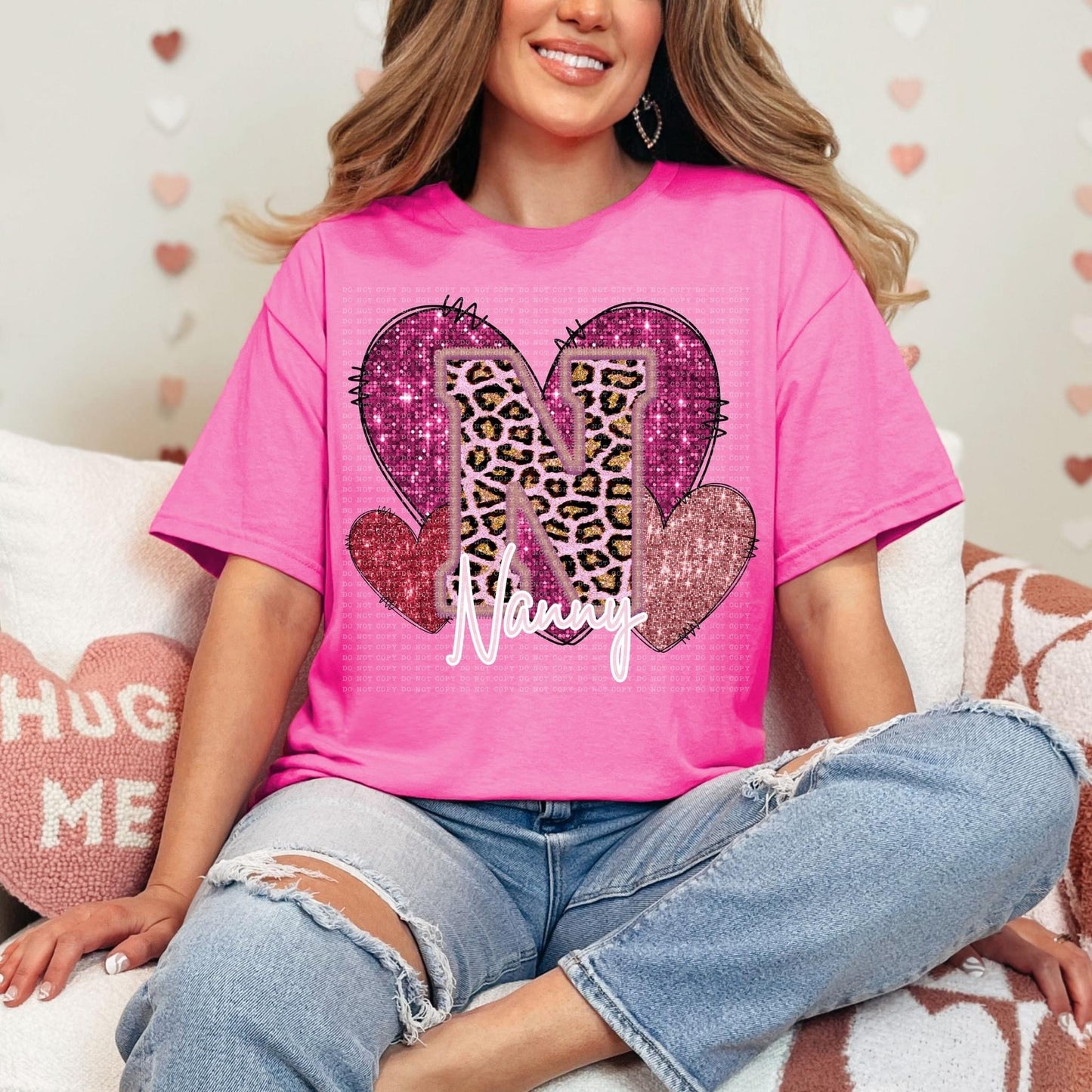 Pink Leopard Titles Faux Embroidery Hearts (DROPDOWN) DTF