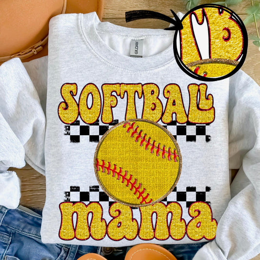 Softball Mama Faux Chenille Checkered  - DTF