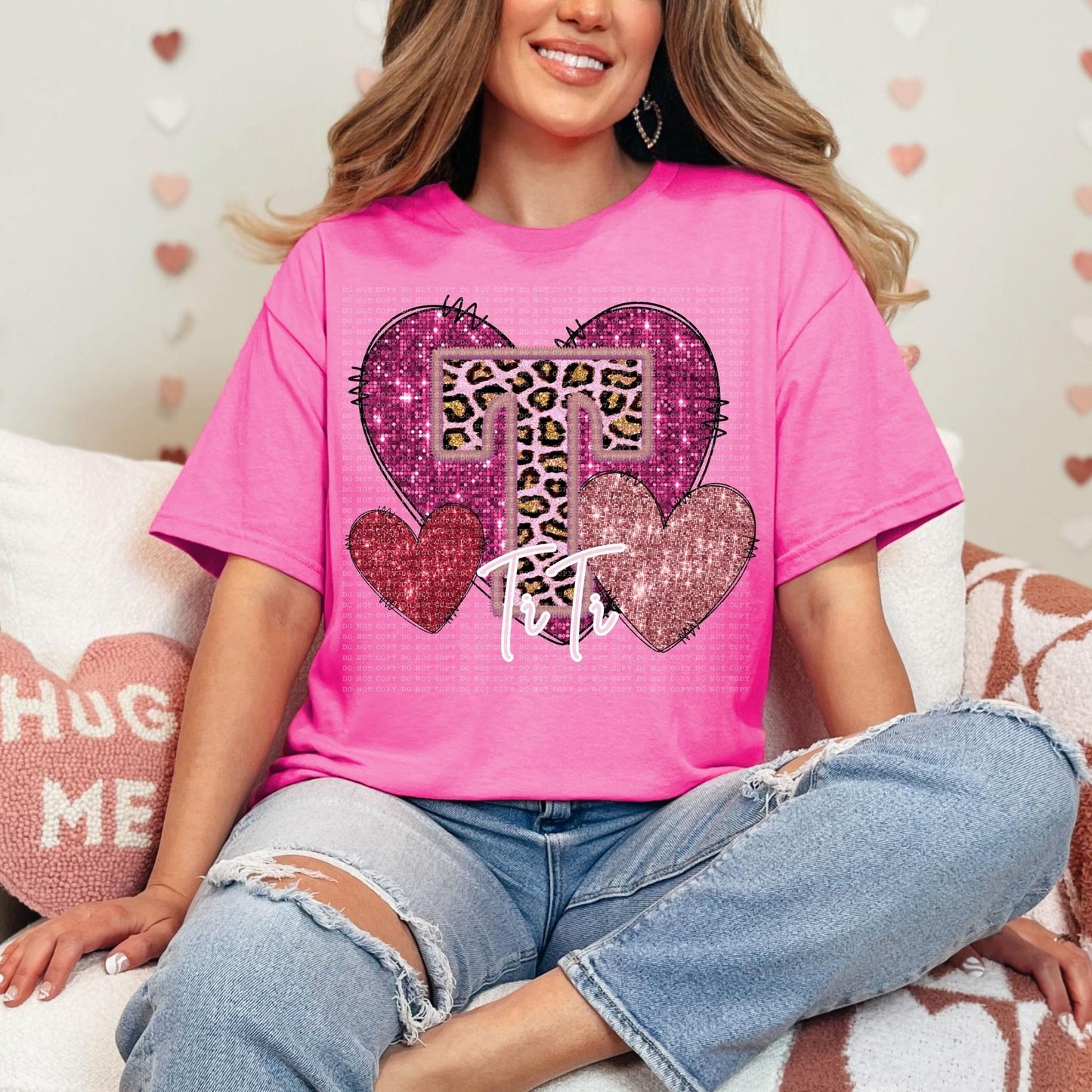 Pink Leopard Titles Faux Embroidery Hearts (DROPDOWN) DTF