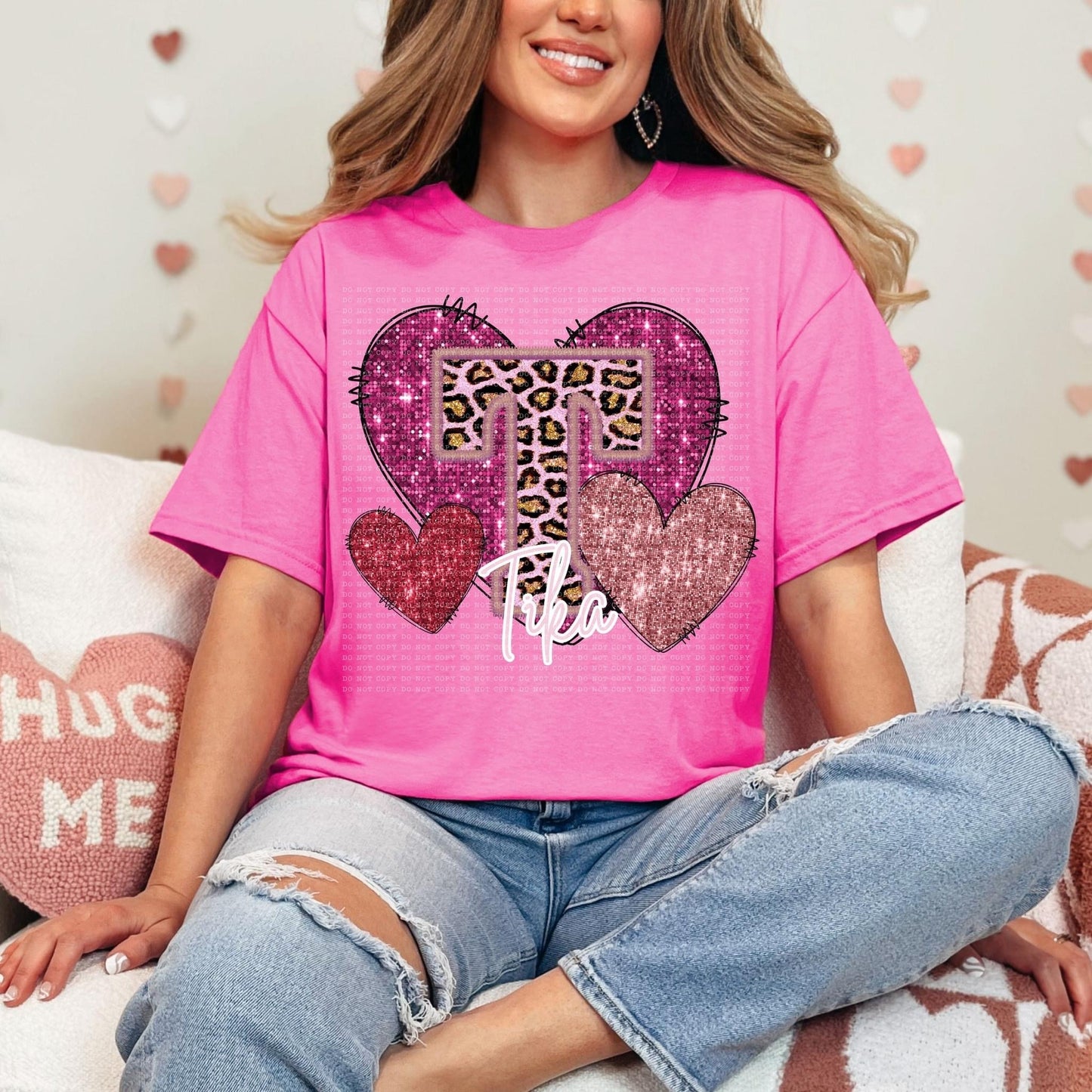 Pink Leopard Titles Faux Embroidery Hearts (DROPDOWN) DTF