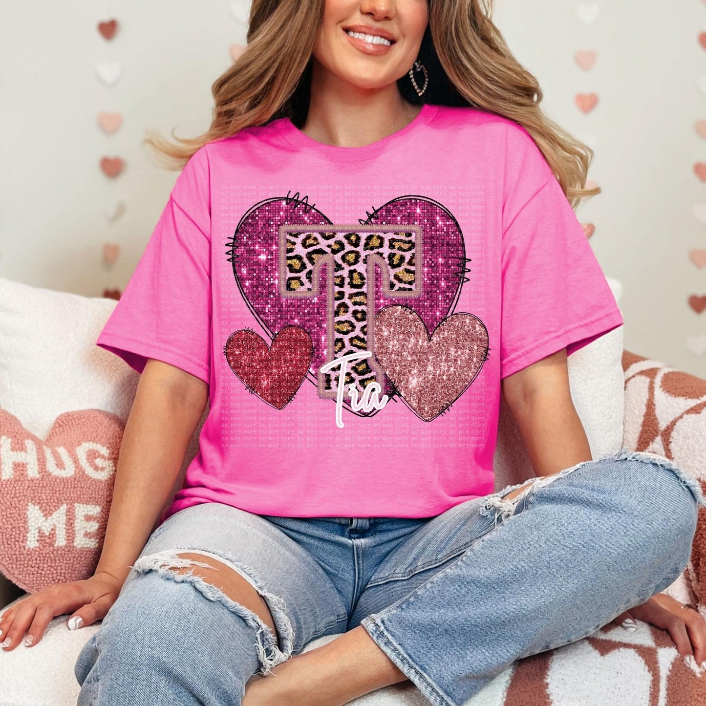 Pink Leopard Titles Faux Embroidery Hearts (DROPDOWN) DTF