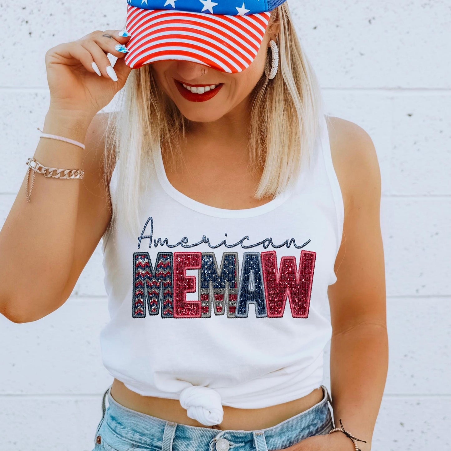 American Memaw Faux Embroidery Sequin Flag - DTF