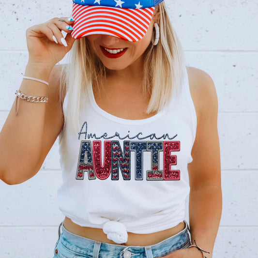 American Auntie Faux Embroidery Sequin Flag - DTF