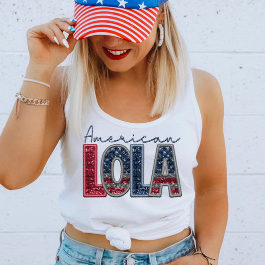 American Lola Faux Embroidery Sequin Flag - DTF