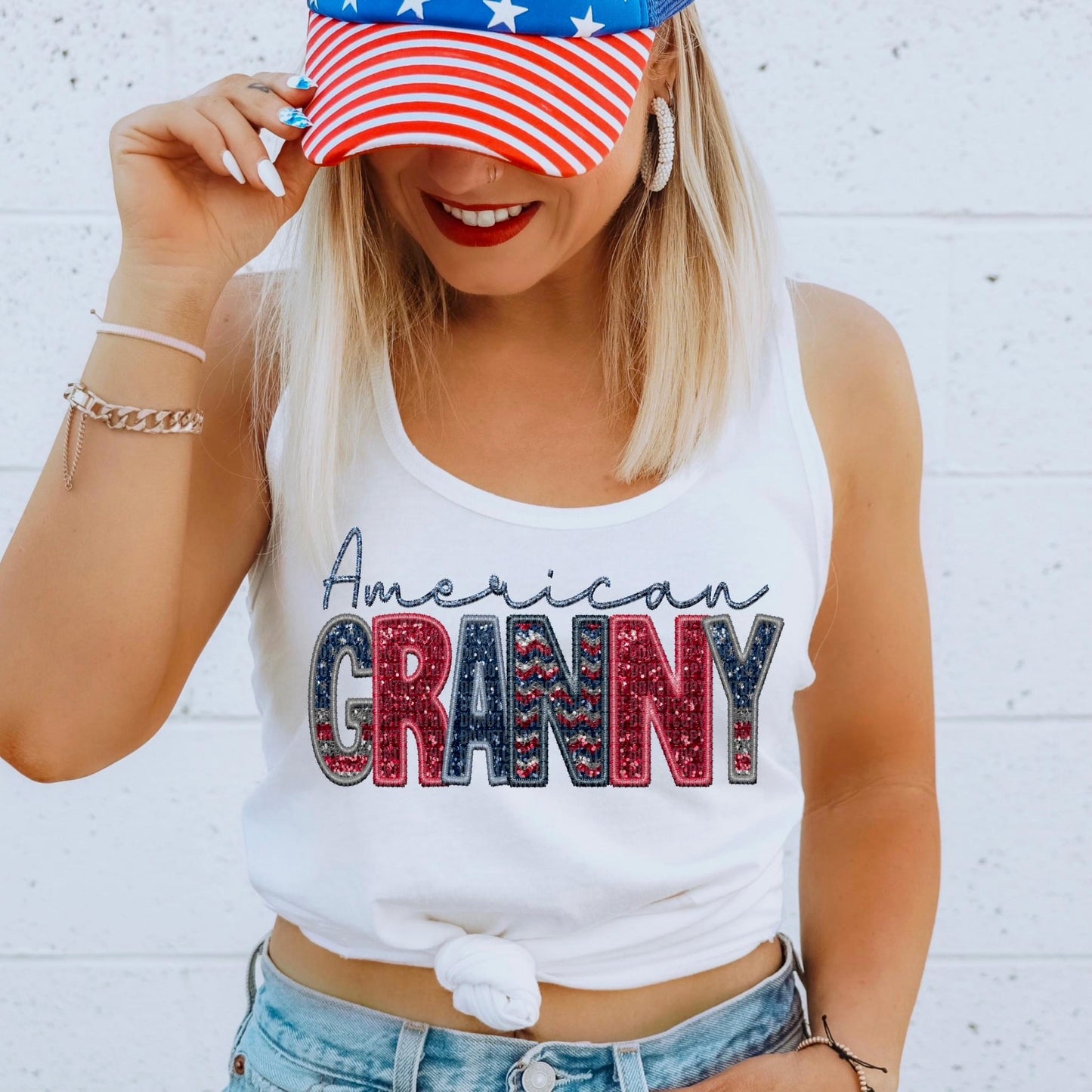 American Granny Faux Embroidery Sequin Flag - DTF