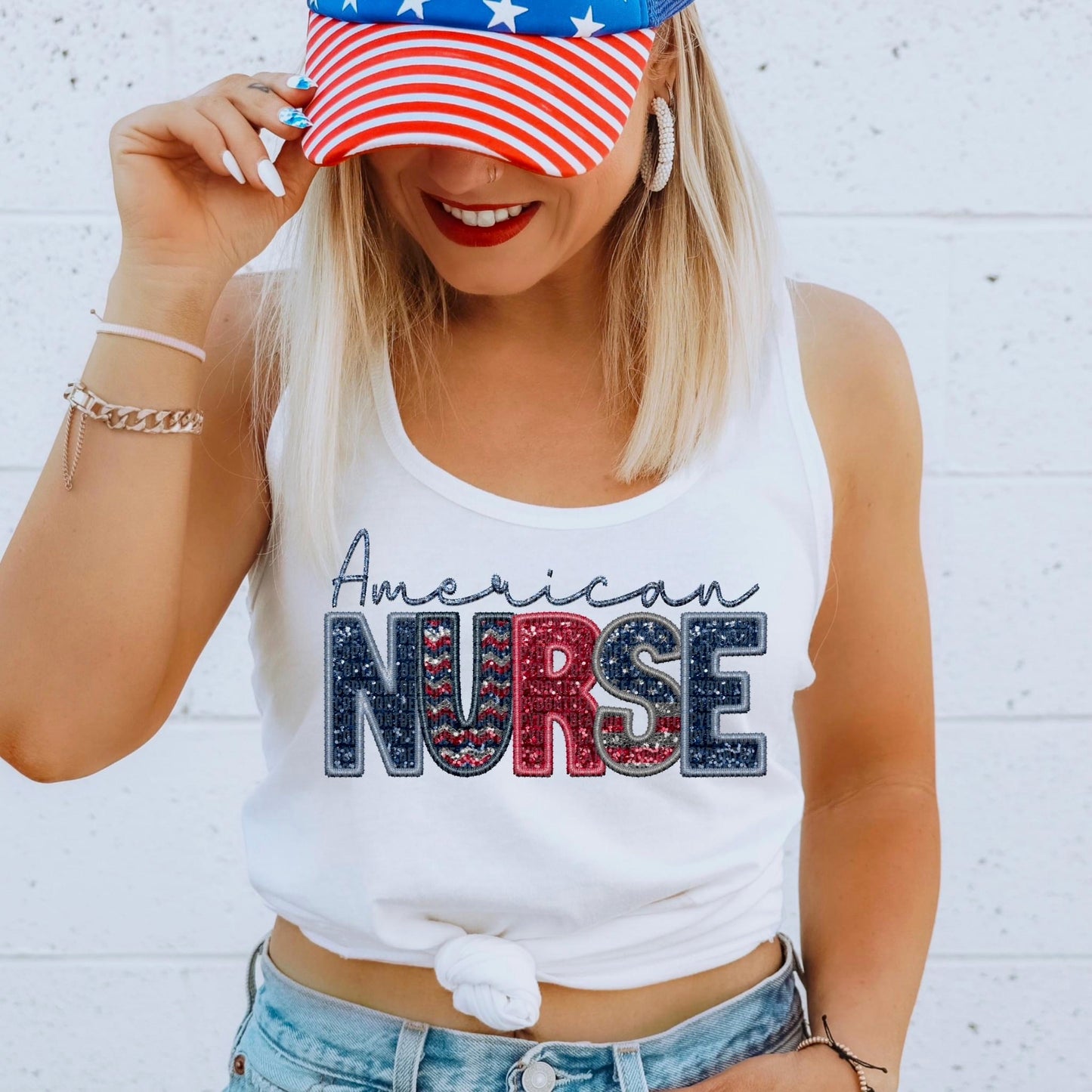 American Nurse Faux Embroidery Sequin Flag - DTF