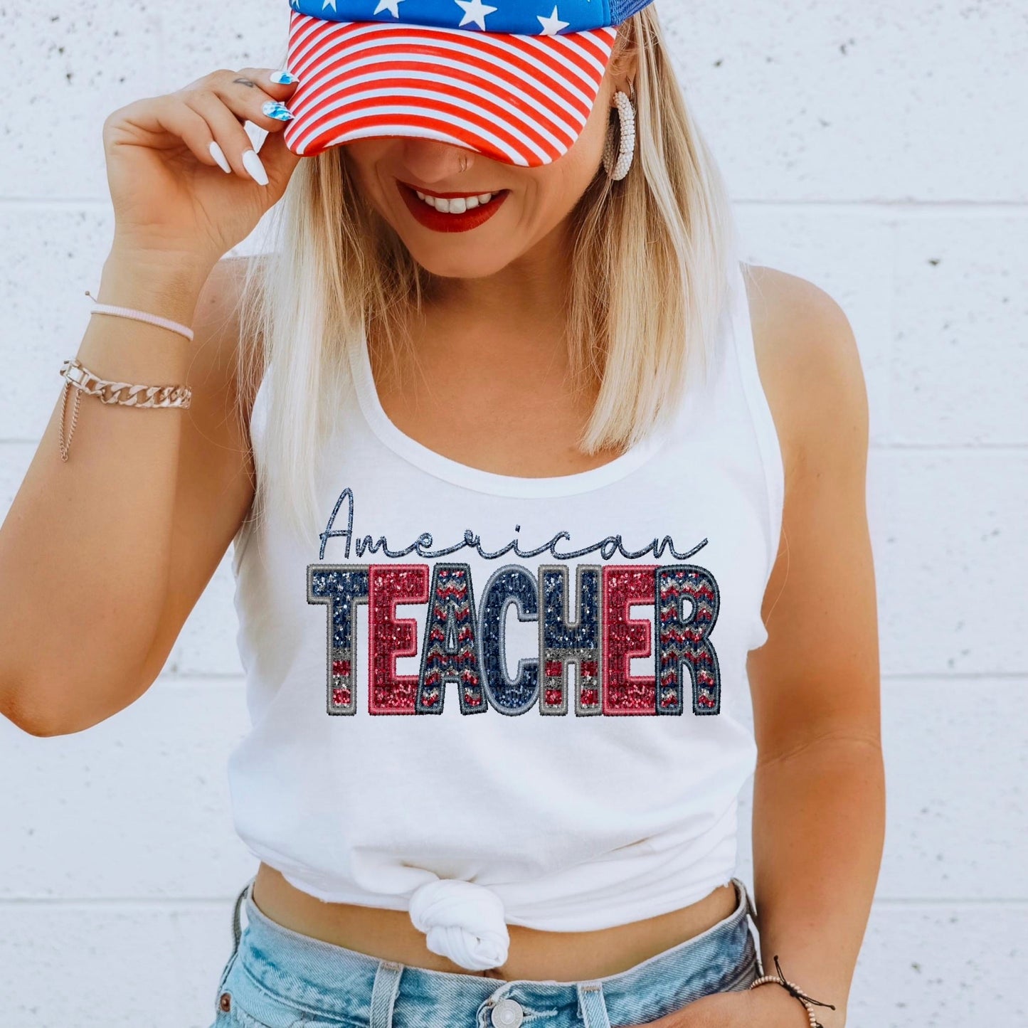 American Teacher Faux Embroidery Sequin Flag - DTF