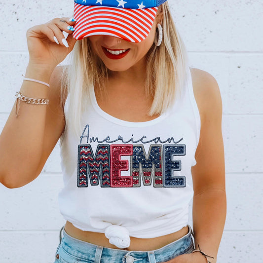 American Meme Faux Embroidery Sequin Flag - DTF