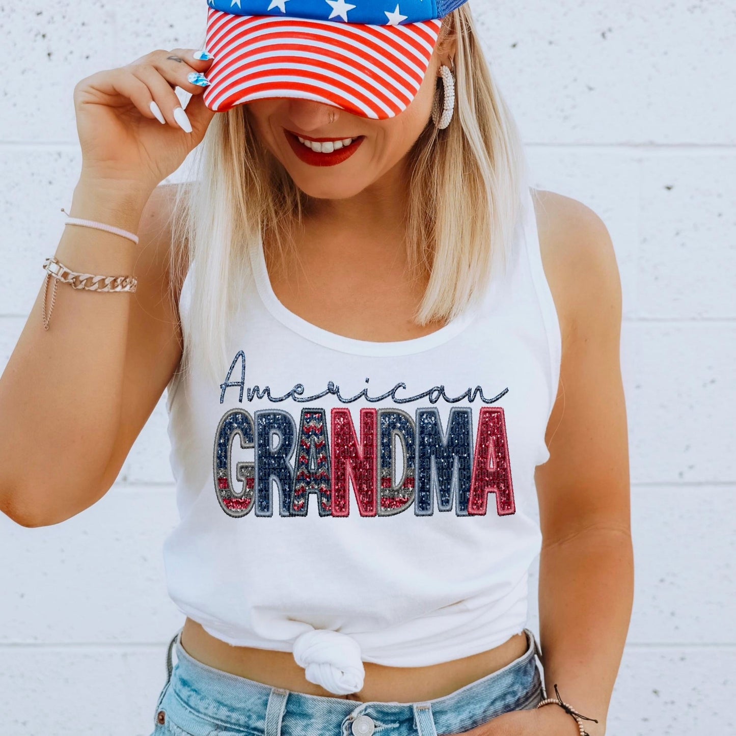 American Grandma Faux Embroidery Sequin Flag - DTF