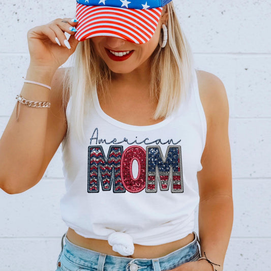 American Mom Faux Embroidery Sequin Flag - DTF