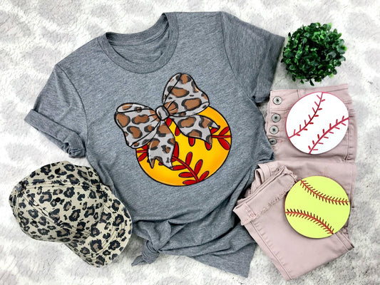 Softball Gray Leopard Bow - DTF