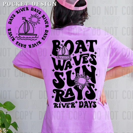 Boat Waves Sun Rays River Days Blk -(FRONT)-DTF