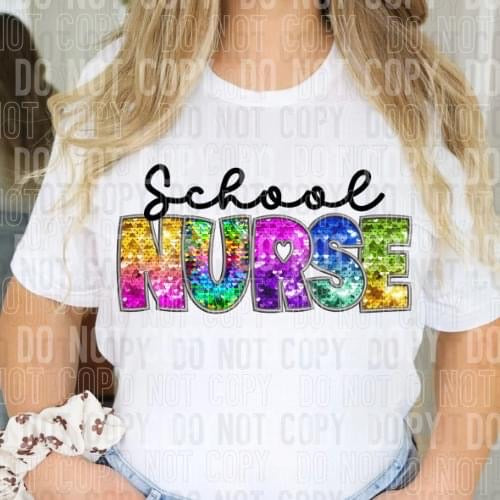 School Nurse Faux Embroidery Rainbow Sequin -DTF