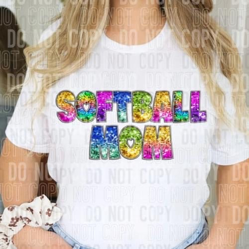 Softball Mom Faux Embroidery Rainbow Sequin -DTF