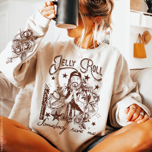 Jelly roll somebody save me brown (FRONT OF SHIRT & 1-SLEEVE COMBO)-DTF