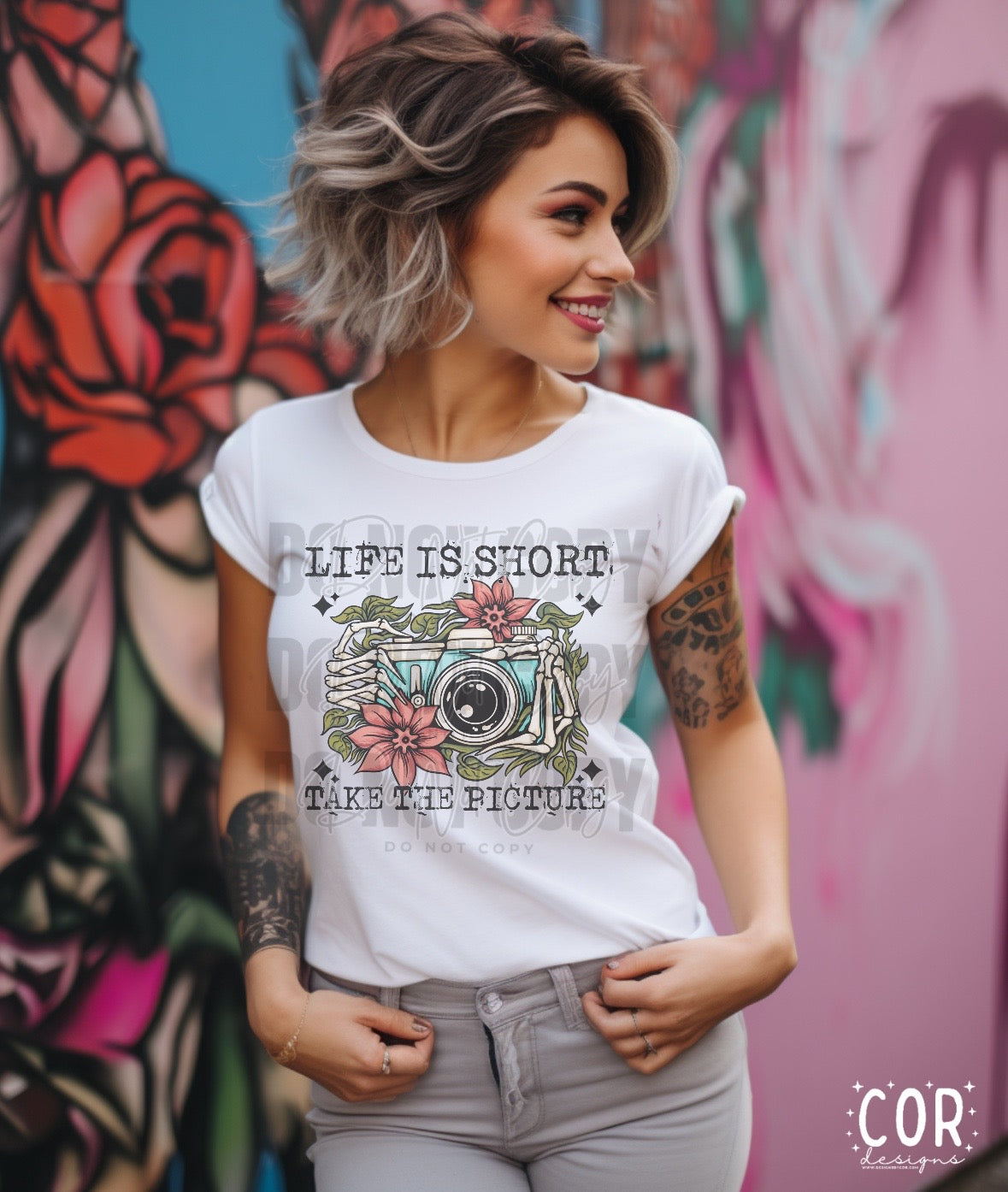 Life Is Short Take The Pictures Floral Blk - DTF